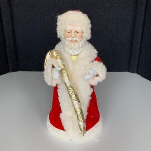 Vintage Christmas Santa Claus Doll 10” Figure White Red Coat Tree Topper Holding
